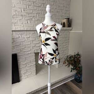 le chateau White Floral Halter Tank with Pink, Black & Yellow Accents Size Small
